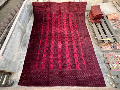 15x20 Antique Turkmen Rug | 1900s Bukhara Elephant Foot Design | Rare Oversized Wool Carpet | Faded Red Tribal