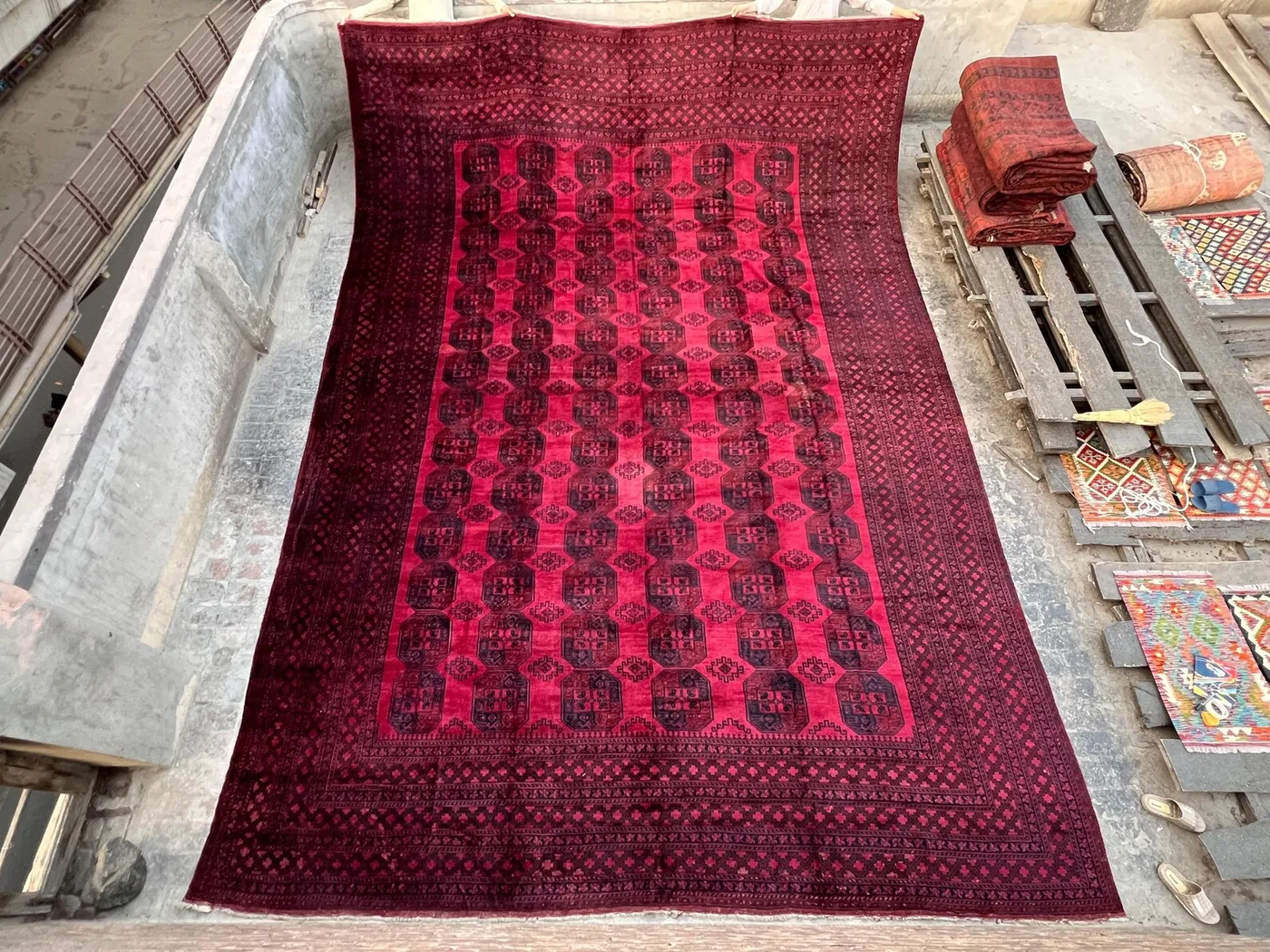 15x20 Antique Turkmen Rug | 1900s Bukhara Elephant Foot Design | Rare Oversized Wool Carpet | Faded Red Tribal Geometric Rug | palce Rug