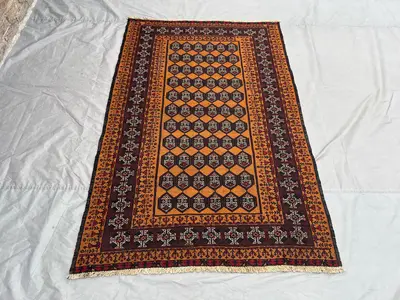 Vintage Afghan Kilim Rug | 4x6'2 ft Handmade Tribal Wool Flatweave Carpet | Geometric Rustic Boho Area Rug | N