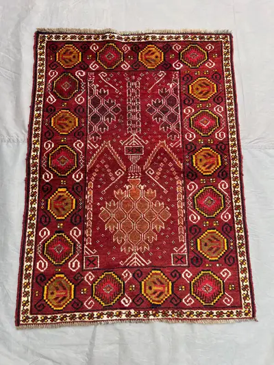 Antique Low Pile Rug 2.4x3.3 ft | Distressed Hand Knotted Floral Pot Design | Geometric Accent Tribal Decor | 