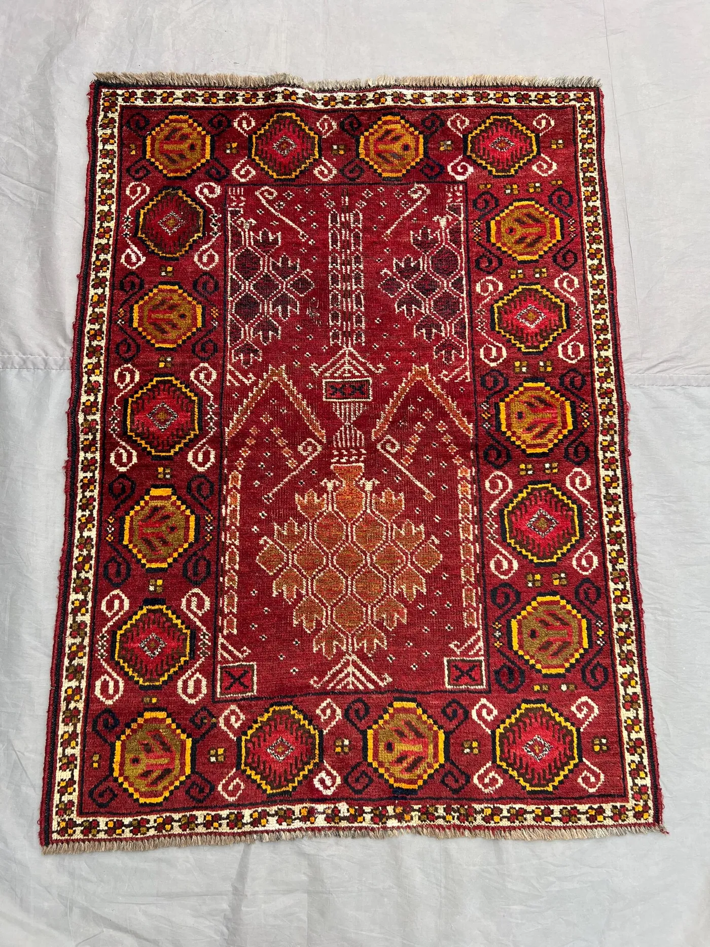 Antique Low Pile Rug 2.4x3.3 ft | Distressed Hand Knotted Floral Pot Design | Geometric Accent Tribal Decor | Vintage Wool Rug | Anime Rug