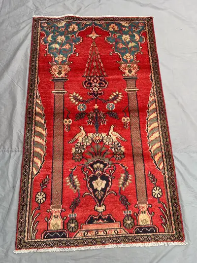 Vintage Afghan Rug 3x5 ft | Hand Knotted Floral Column Design | Oriental Wool Accent | Tribal Nomadic Home Dec