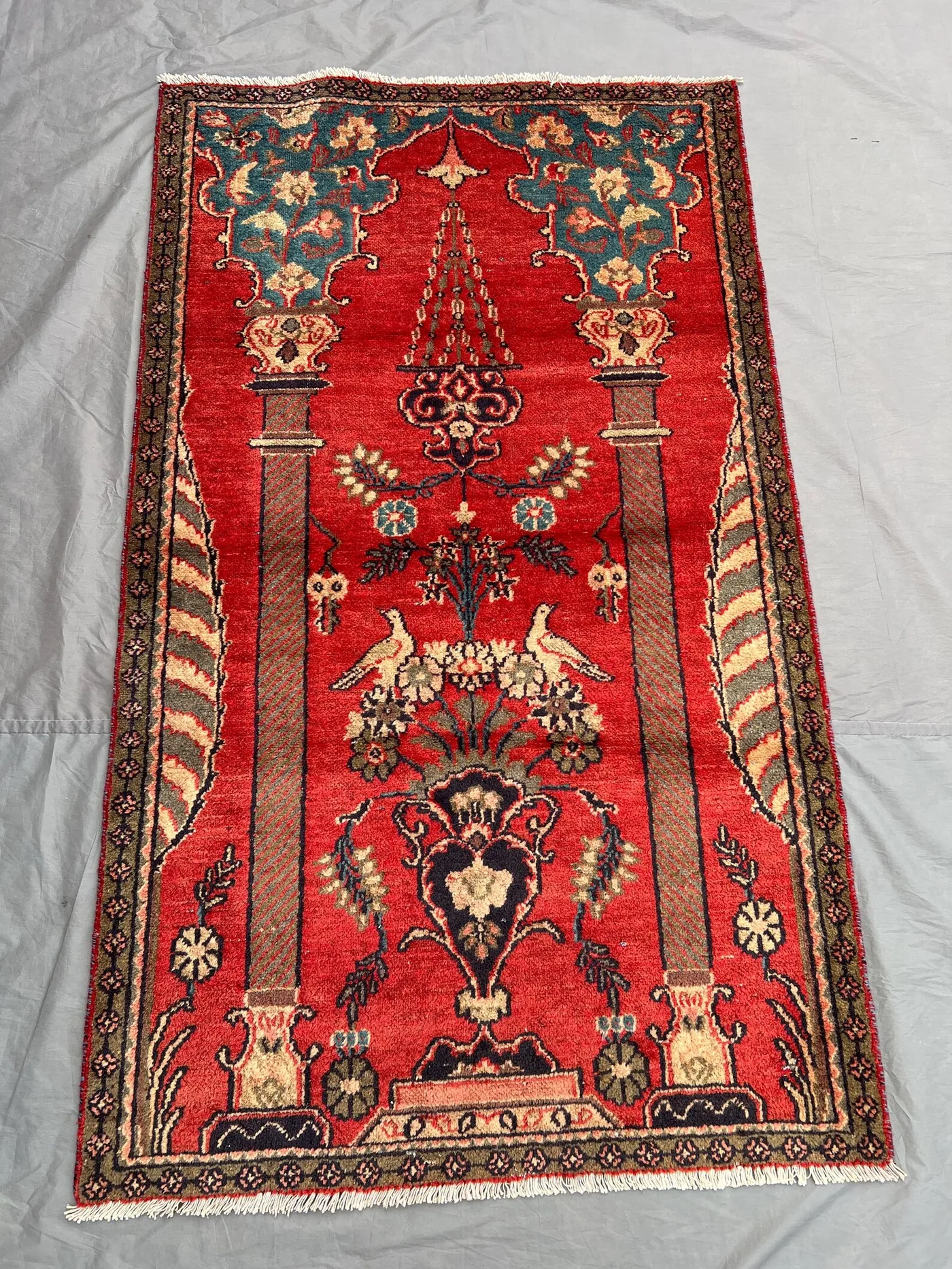 Vintage Afghan Rug 3x5 ft | Hand Knotted Floral Column Design | Oriental Wool Accent | Tribal Nomadic Home Decor | Unique Small Rug