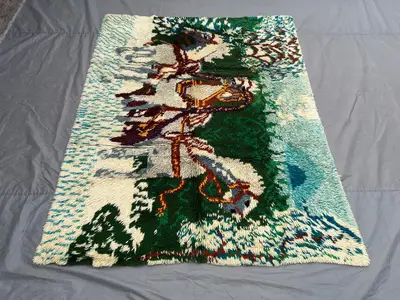 Vintage Moroccan Hand Knotted Rug 5'1x6'9 ft | Full Pile | Pictorial Horse Design | Colorful Wool Carpet for L