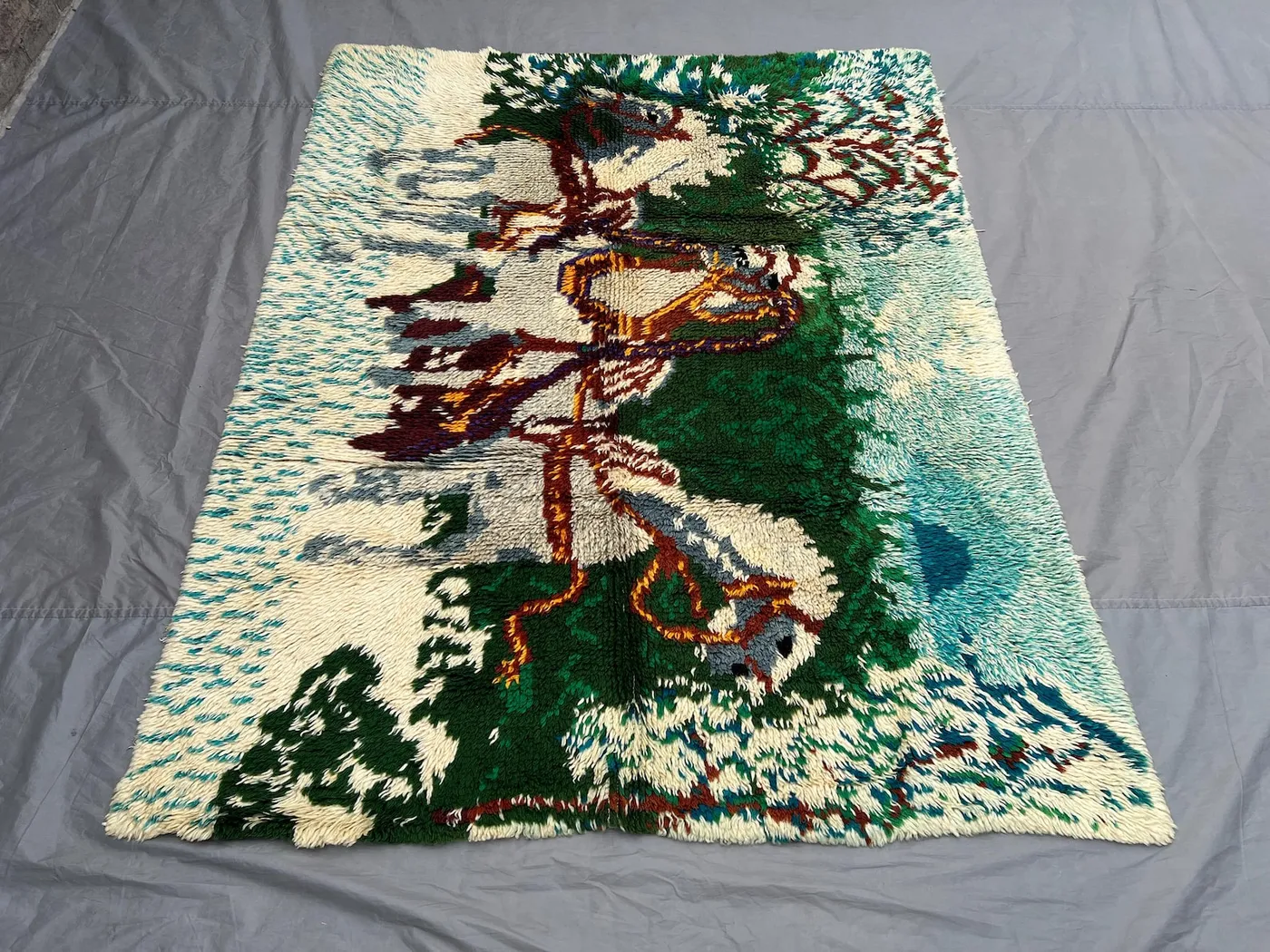 Vintage Moroccan Hand Knotted Rug 5'1x6'9 ft | Full Pile | Pictorial Horse Design | Colorful Wool Carpet for Living Room | Floor rug