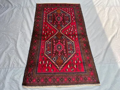 Vintage Red Brown Navy Afghan Baluchi Rug | 3x5 ft Hand Knotted Wool Tribal Geometric Carpet | Boho Bedroom Or