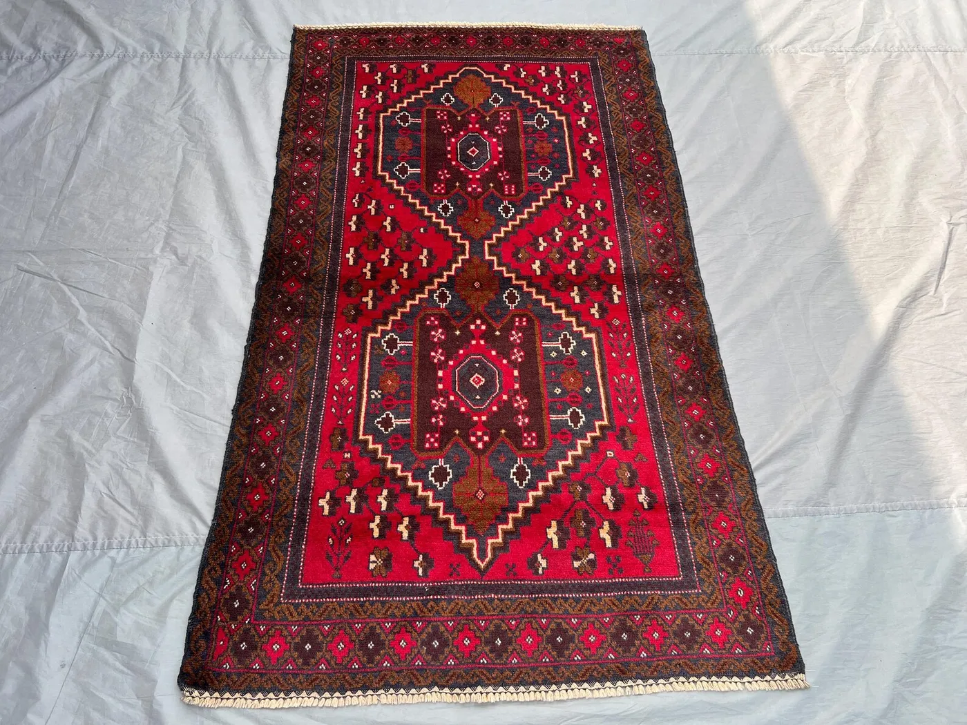 Vintage Red Brown Navy Afghan Baluchi Rug | 3x5 ft Hand Knotted Wool Tribal Geometric Carpet | Boho Bedroom Oriental Rug \ living room rug