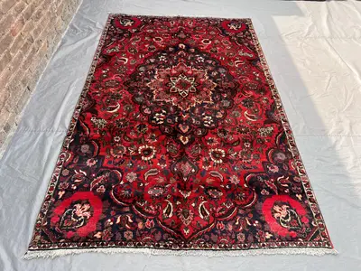 Vintage Red Navy Ivory Pictorial Heriz Rug | 6x9 ft Hand Knotted Wool Floral Oriental Carpet | Living Room Far