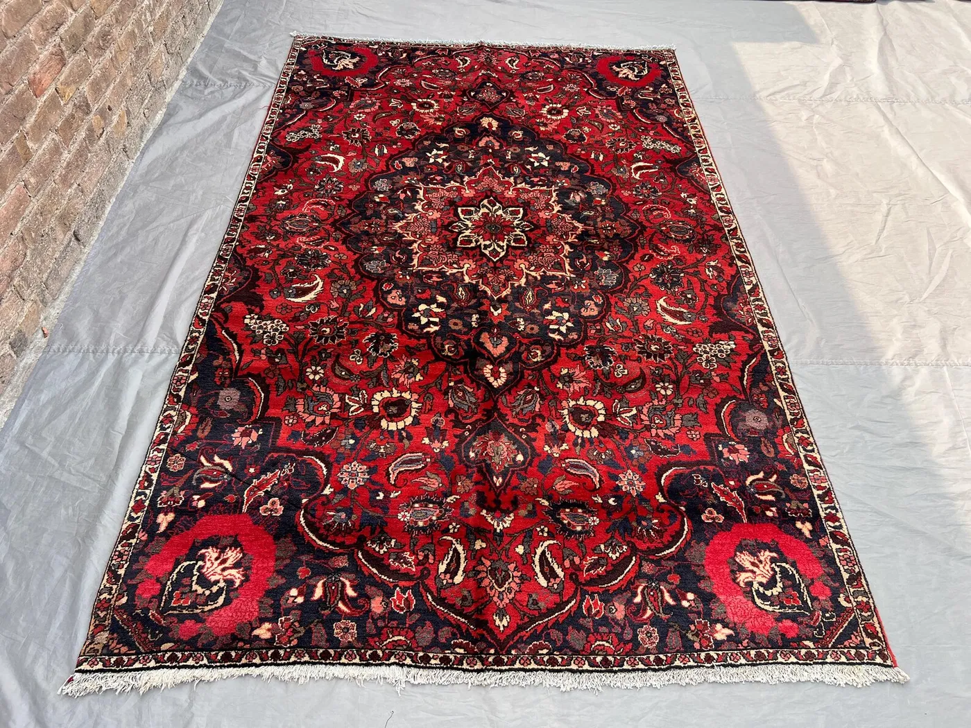 Vintage Red Navy Ivory Pictorial Heriz Rug | 6x9 ft Hand Knotted Wool Floral Oriental Carpet | Living Room Farmhouse Rug \ kitchen area rug