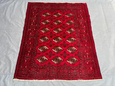 Vintage Red Ivory Brown Afghan Turkmen Bukhara Rug | 4x5 ft Hand Knotted Wool Geometric Carpet | Boho Entryway
