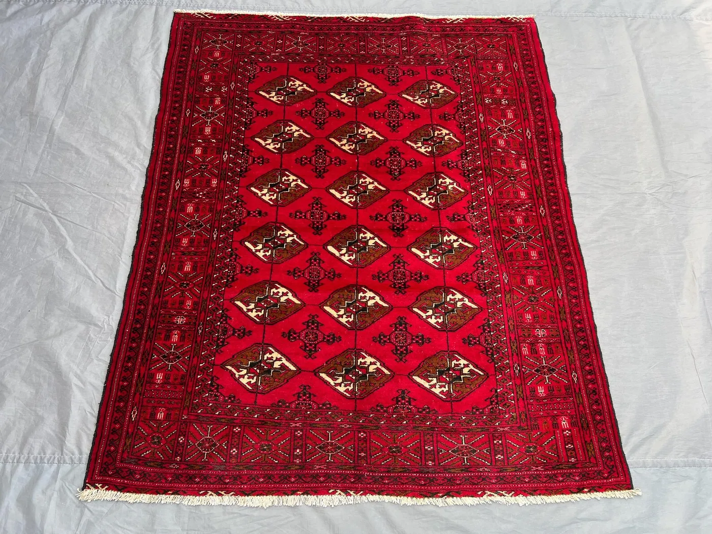 Vintage Red Ivory Brown Afghan Turkmen Bukhara Rug | 4x5 ft Hand Knotted Wool Geometric Carpet | Boho Entryway Living Room Rug \ living room