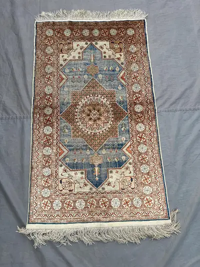 Vintage Blue Ivory Brown Afghan Qom Style Rug | 2x3 ft Hand Knotted Wool Medallion Floral Pictorial Carpet | B