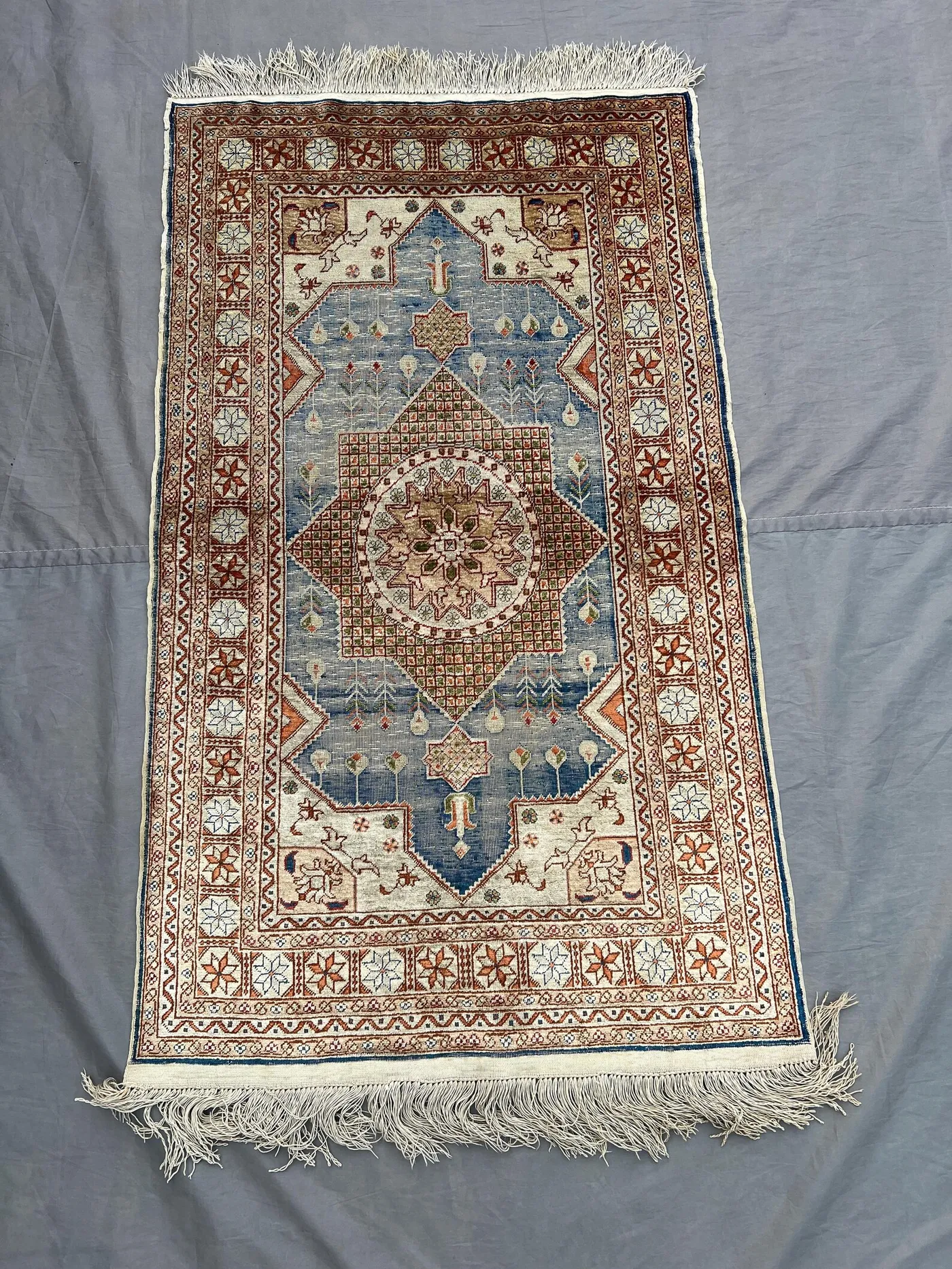 Vintage Blue Ivory Brown Afghan Qom Style Rug | 2x3 ft Hand Knotted Wool Medallion Floral Pictorial Carpet | Boho Entryway Rug \ area rug