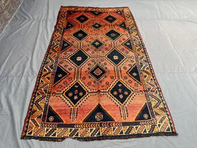 Vintage Orange Navy Rust Afghan Baluchi Rug | 5x9 ft Hand Knotted Wool Tribal Geometric Carpet | Boho Living R