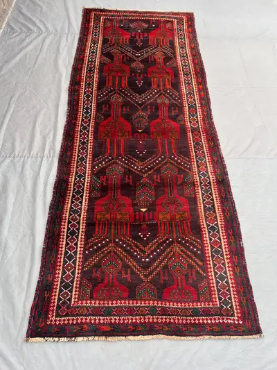 Vintage Red Black Rust Afghan Baluchi Rug | 4x10 ft Hand Knotted Wool Tribal Geometric Runner Carpet | Hallway