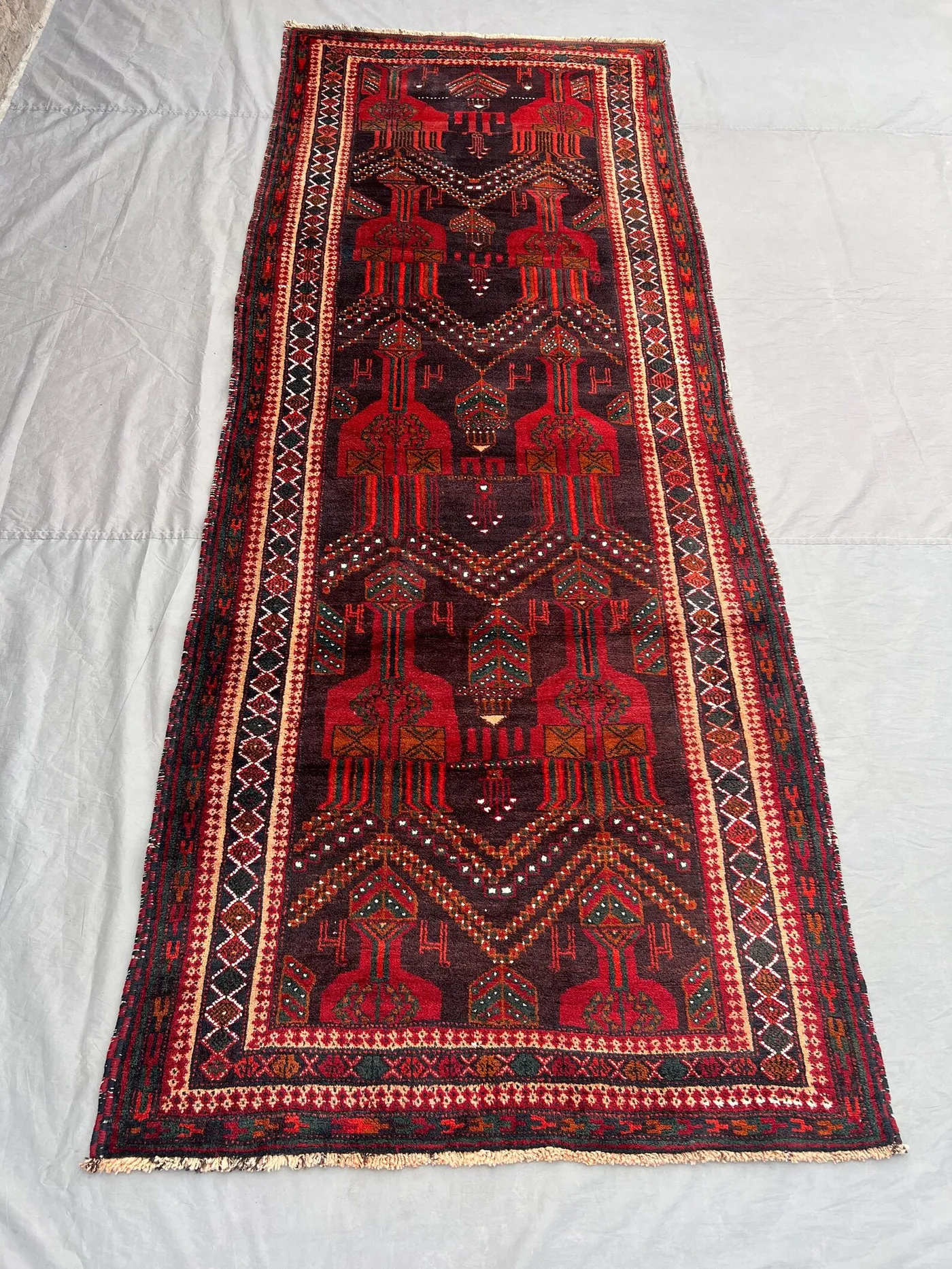 Vintage Red Black Rust Afghan Baluchi Rug | 4x10 ft Hand Knotted Wool Tribal Geometric Runner Carpet | Hallway Entryway Rug \ vintage rug
