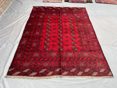 Vintage Red Afghan Turkmen Bukhara Rug | 7x9 ft Hand Knotted Wool Tribal Geometric Carpet | Living Room Entryw