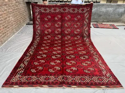 7 x 11 ft Afghan Hand Knotted Vintage Turkmen Bukhara Rug - Red, Black, Ivory \ vintage living room \ area rug