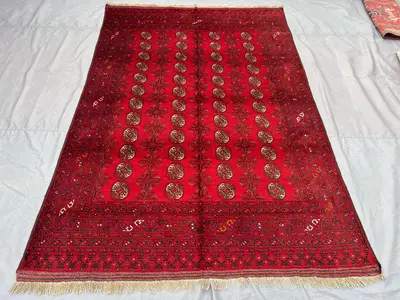 7x10 Antique 1940s Hand Knotted Turkmen Bukhara Rug | Geometric Pattern | One of a Kind Vintage Area Rug | Woo
