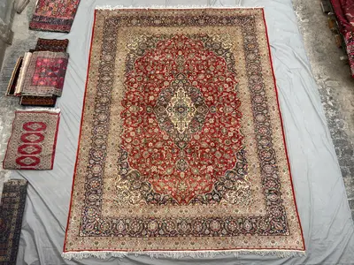 10x13 Persian-Style Kashan Medallion Rug | Antique 1990s Afghan Hand Knotted Wool | Red Navy Diamond Floral Ca