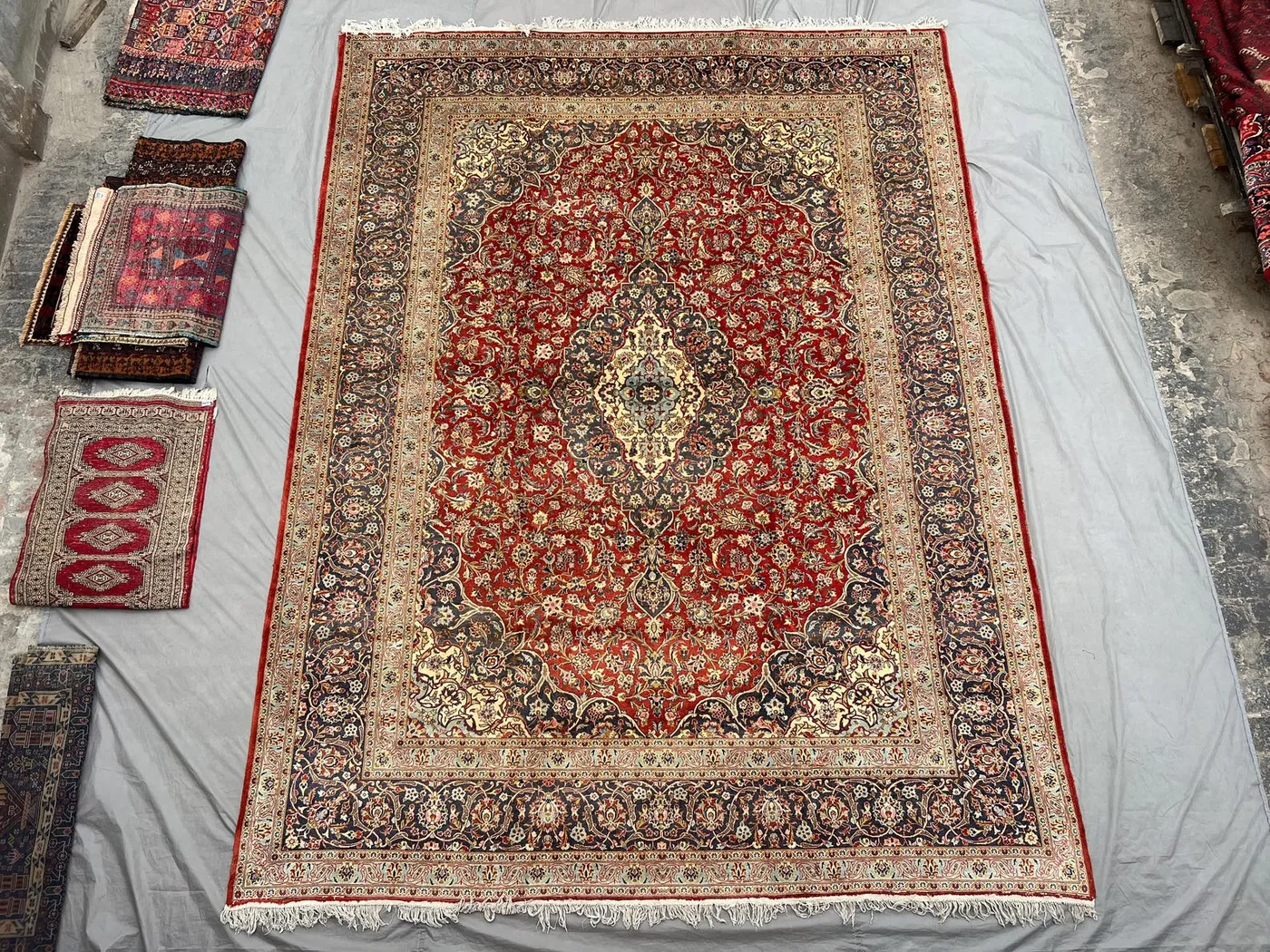 10x13 Persian-Style Kashan Medallion Rug | Antique 1990s Afghan Hand Knotted Wool | Red Navy Diamond Floral Carpet from Herat