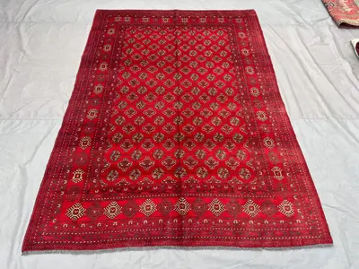200x280 cm Afghan Turkoman Hand Knotted Tribal Rug | Geometric Pattern | Vintage Red Bukhara Area Carpet | Woo
