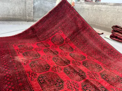 6.9x9 ft Antique Low Pile Distressed Afghan Turkoman Hand Knotted Rug | Geometric Pattern | Rare One of a Kind