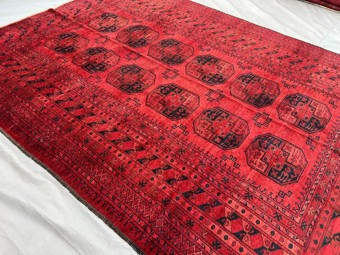1920s Hand Knotted Turkoman Bukhara Rug | 8x11 Elephant Foot Design Carpet | Geometric Pattern | Rare Faded Red Vintage Rug | Guestroom Rug