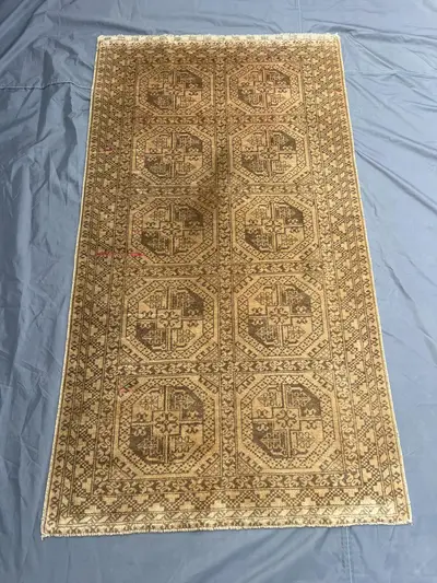 3x6 Vintage Turkmen Bukhara Rug – Hand Knotted Wool Carpet, Beige & Brown Low Pile Rug, Tribal Geometric Area 
