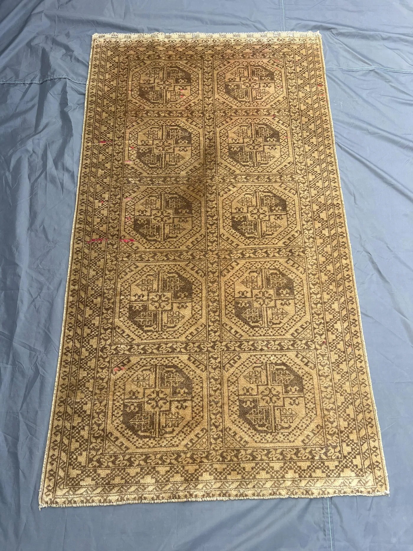 3x6 Vintage Turkmen Bukhara Rug – Hand Knotted Wool Carpet, Beige & Brown Low Pile Rug, Tribal Geometric Area Rug Hallway Decor, Bedroom Rug