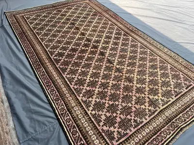5'6x9'3 ft Antique Afghan Baluchi Rug – 1930s Geometric Low Pile Carpet, Rare Hand Knotted Tribal Wool Area Ru