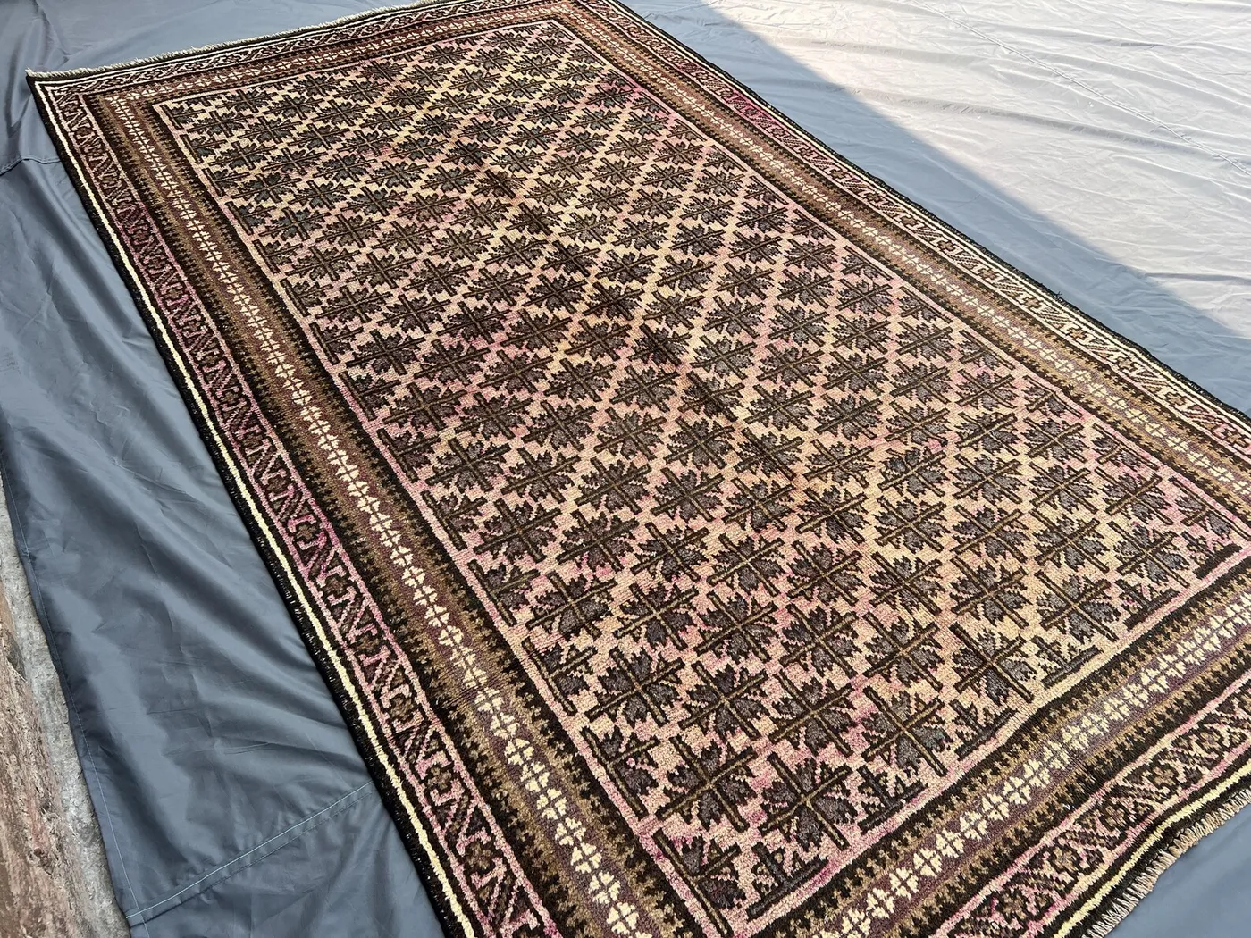 5'6x9'3 ft Antique Afghan Baluchi Rug – 1930s Geometric Low Pile Carpet, Rare Hand Knotted Tribal Wool Area Rug, Vintage Bedroom Rug Decor