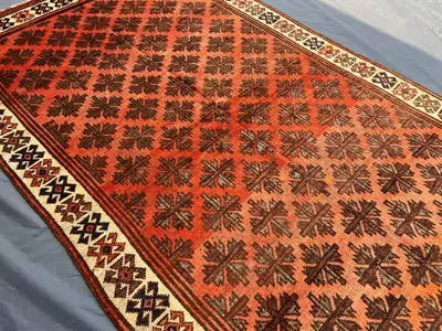5'5x9'3 ft Antique Afghan Rug, Hand Knotted Tribal Wool Carpet, Orange Faded Geometric Design, Rare Vintage Ru