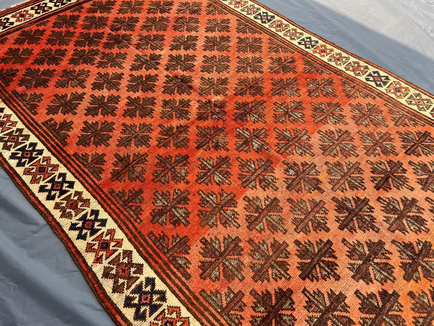 5'5x9'3 ft Antique Afghan Rug, Hand Knotted Tribal Wool Carpet, Orange Faded Geometric Design, Rare Vintage Rug | Boho Home Decor, Floor rug