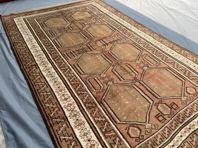 5'5x9 ft Vintage Afghan Rug – Hand Knotted Tribal Carpet, Brown Ivory Geometric Wool Rug, Mid Century Nomadic 