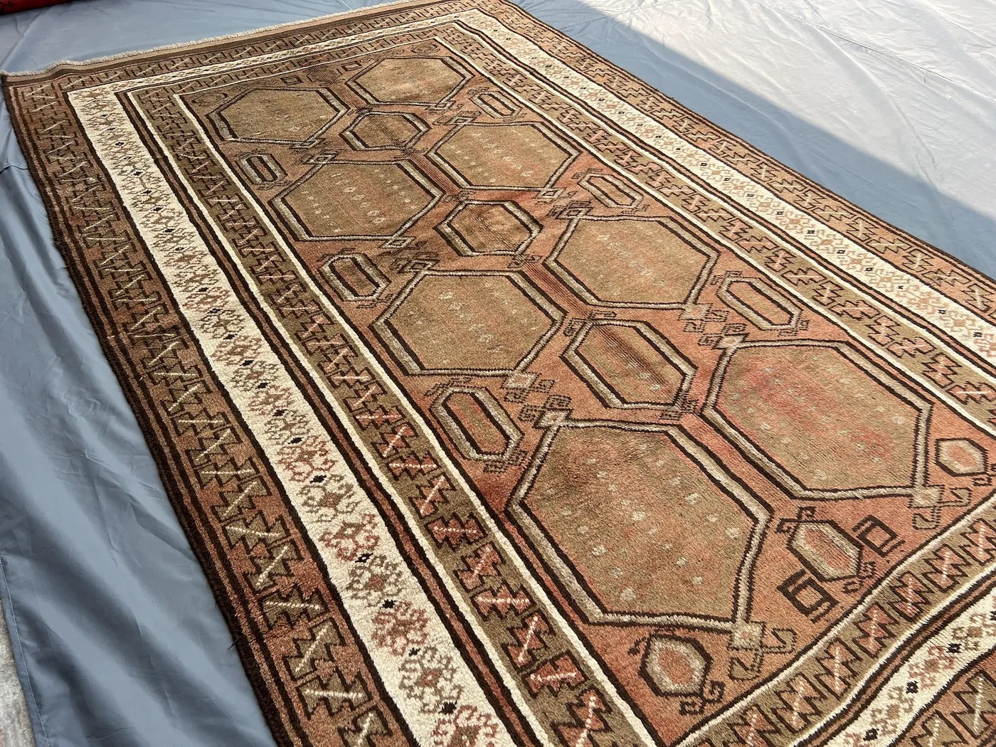 5'5x9 ft Vintage Afghan Rug – Hand Knotted Tribal Carpet, Brown Ivory Geometric Wool Rug, Mid Century Nomadic Fine Rug | Boho Home Decor