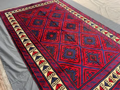 6x9'6 ft Afghan Baluchi Rug | Hand Knotted Tribal Wool Carpet | Red & Navy Geometric Area Rug | Vintage Soft P