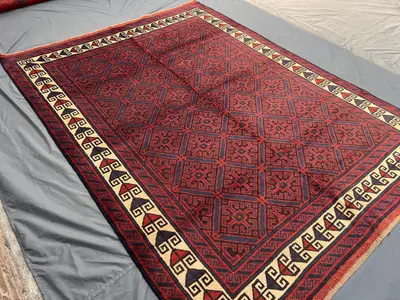 6'5" x 8'10" ft Vintage Afghan Hand Knotted Rug, Red Blue Tribal Geometric Ersari Carpet, Soft Pile Nomadic Wo