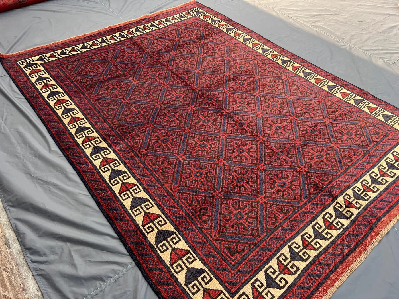 6'5" x 8'10" ft Vintage Afghan Hand Knotted Rug, Red Blue Tribal Geometric Ersari Carpet, Soft Pile Nomadic Wool Area Rug, Bedroom Rug