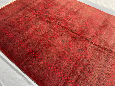 6'10" x 9'3" ft Antique Bukhara Rug, Hand Knotted Turkmen Elephant Foot Pattern, Red Wool Low Pile Carpet, Tri