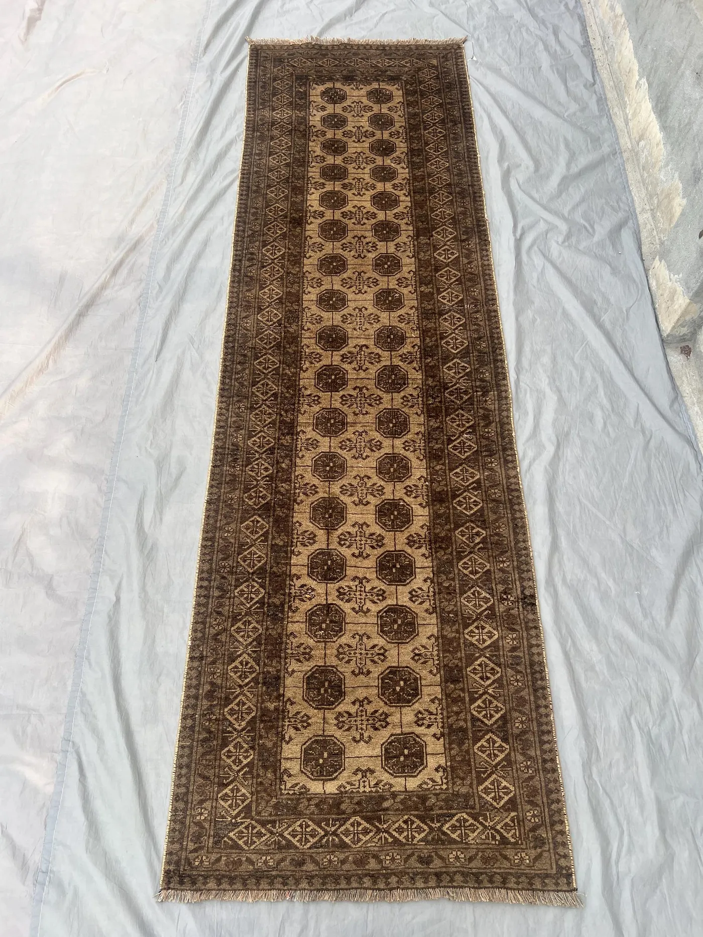 Afghan Hand Knotted Vintage Turkmen Bukhara Rug | 3" x 9" | Antique Wool Runner | Tribal Oriental Hallway Rug | old faded rug | oriental rug