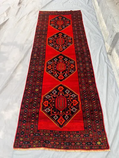 Afghan Hand Knotted Vintage Rug Runner | 3" x 9" | Wool Oriental Tribal Runner Rug for Hallway | Red & Black W