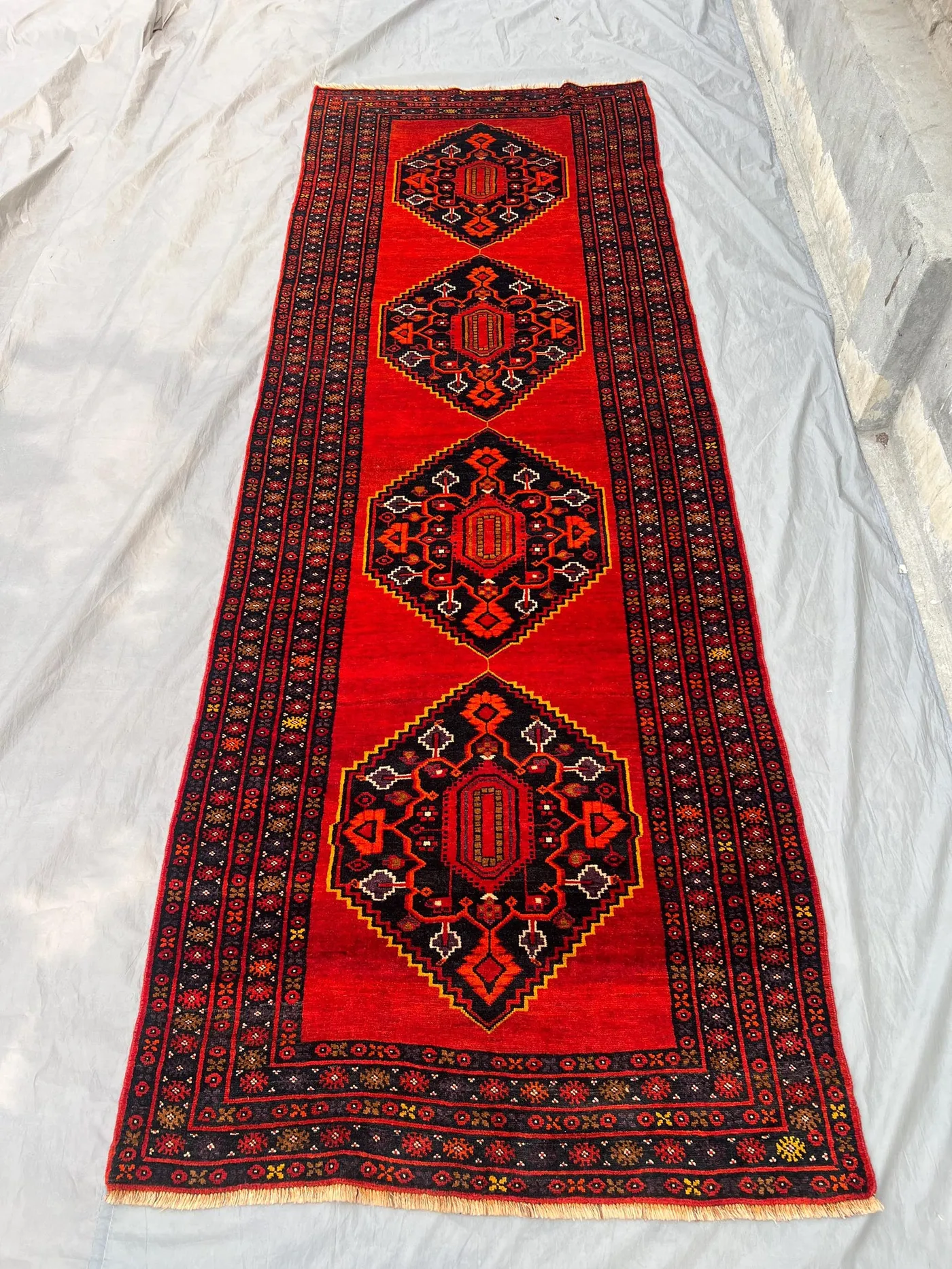 Afghan Hand Knotted Vintage Rug Runner | 3" x 9" | Wool Oriental Tribal Runner Rug for Hallway | Red & Black Wool Rug | oriental fine rug