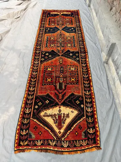 3.9x12.5 ft Antique Runner Rug | 1920s Low Pile Distressed Faded Runner | Caucasian Style Rug | Medallion Vint