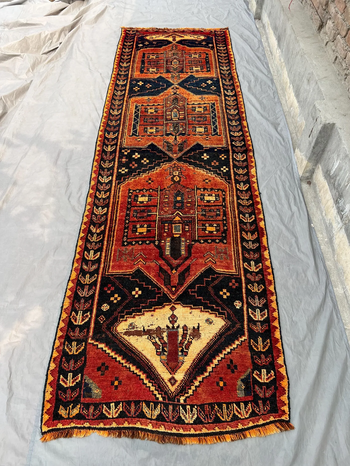 3.9x12.5 ft Antique Runner Rug | 1920s Low Pile Distressed Faded Runner | Caucasian Style Rug | Medallion Vintage Entryway Rug | Hallway Rug