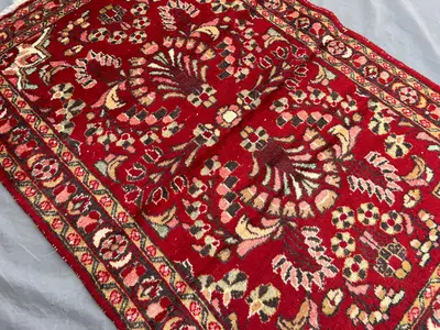 3.7x4.10 ft Turkish Style Caucasian Rug | Red Floral Wool Carpet | Vintage Handmade Decor | Oriental Nomadic R