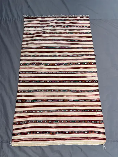 3x5 Handmade Antique Flat Weave Sumak Rug, Unique Tribal Striped Geometric Design, Hand-Knotted Wool Accent ru