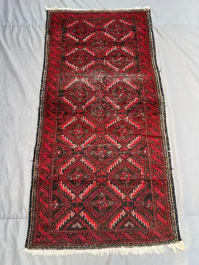 3x6 Handmade Antique Balochi Rug, Low Pile Distressed, Tribal Geometric Design, Unique Hand-Knotted Wool rug |
