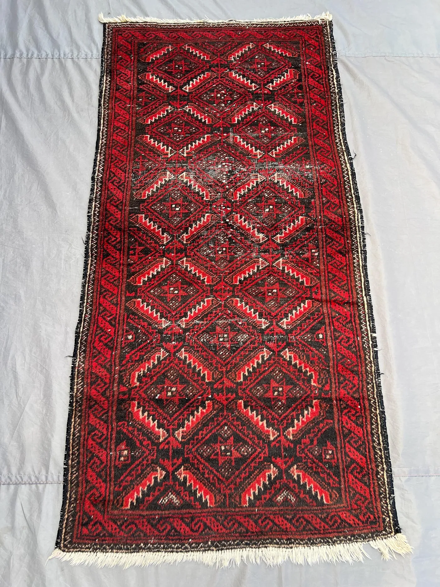 3x6 Handmade Antique Balochi Rug, Low Pile Distressed, Tribal Geometric Design, Unique Hand-Knotted Wool rug | bedroom & kitchen decoration