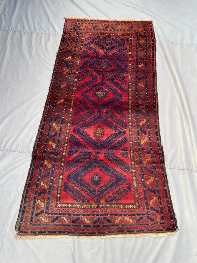 4x7 Vintage Afghan Hand-Knotted Balochi Rug, Low Pile Distressed Tribal rug, Unique Geometric Pattern Home Dec
